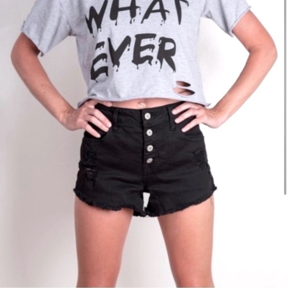 Altar’d State Black Jean Shorts Distressed Button Fly Stretch Womens Sz 0 or 24 - Picture 1 of 5